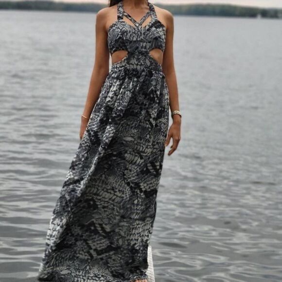 Stylestalker chiffon cut out phyton snakeskin print maxi dress gown - Picture 2 of 12